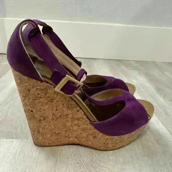 Jimmy Choo Pela Purple Suede Cork Wedges Ankle T Strap Size 37.5 - Picture 8 of 10